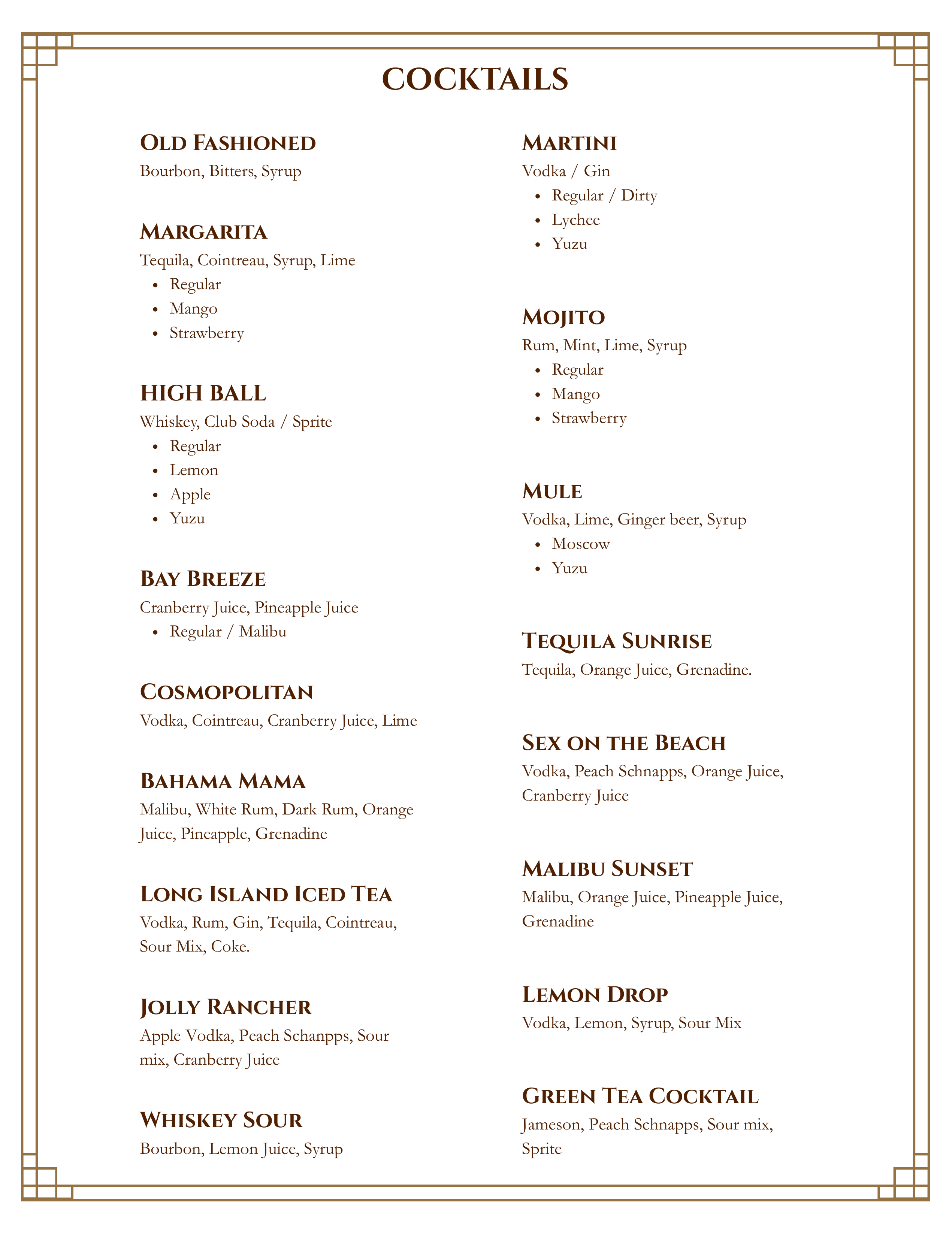 INJU cocktail menu