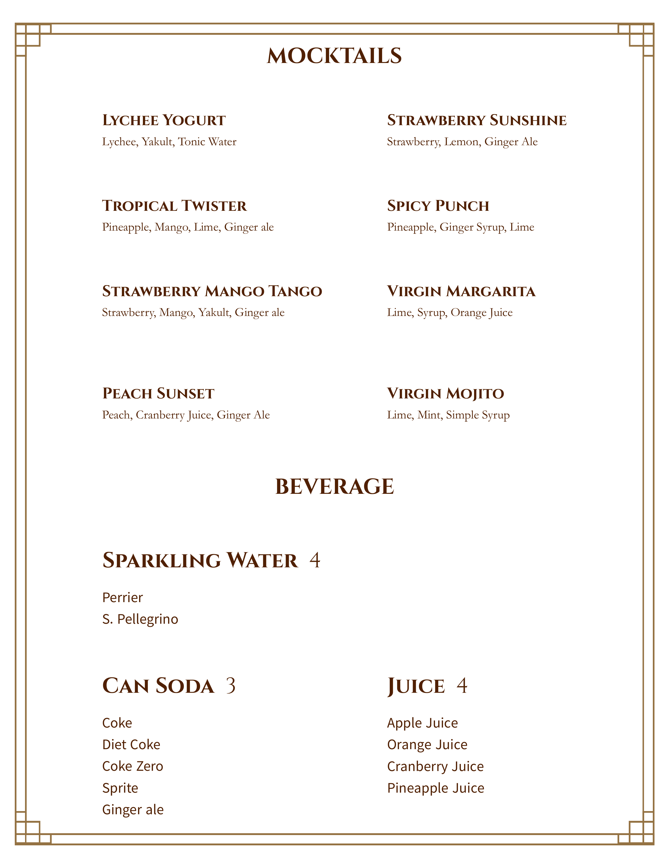 INJU mocktail and beverage menu