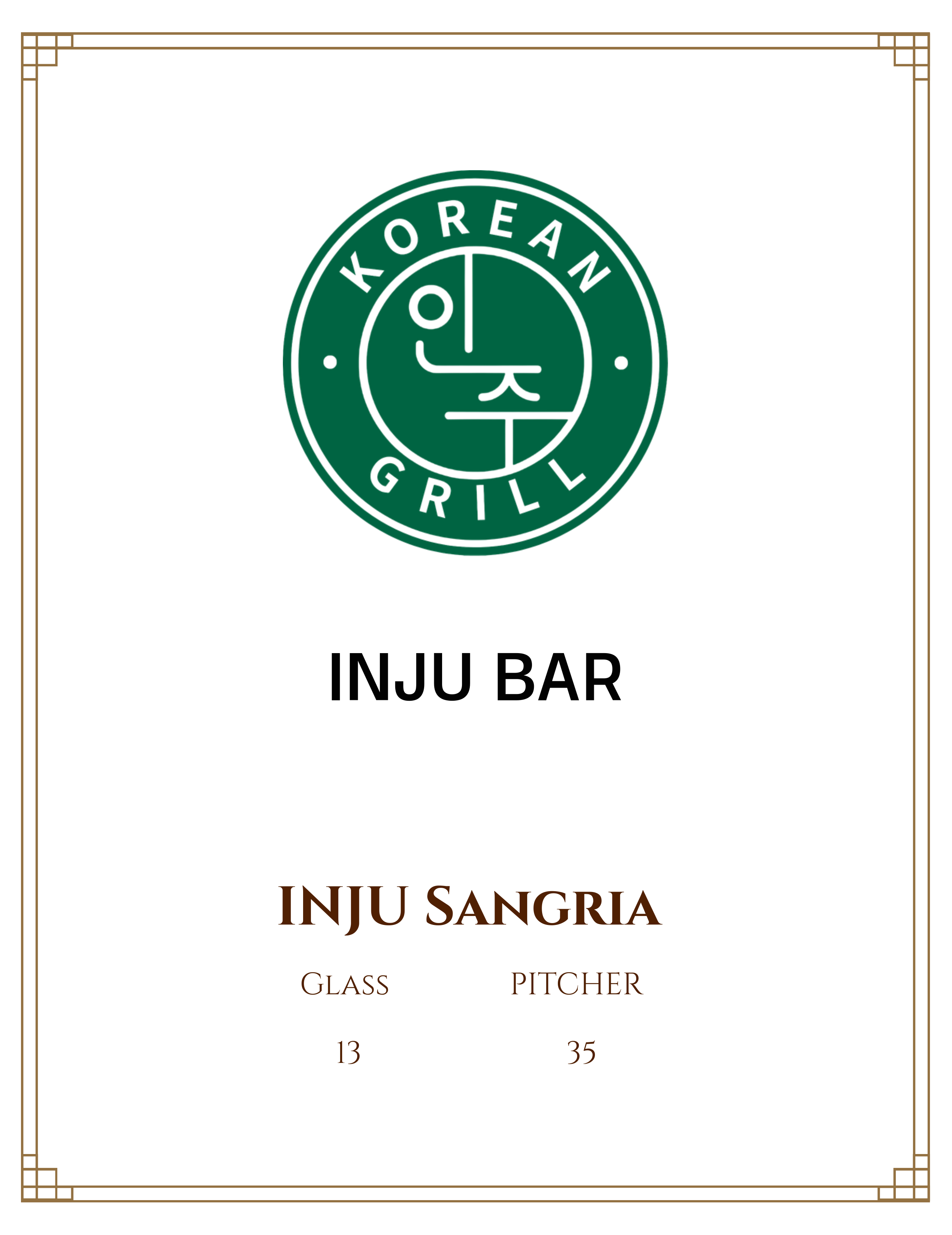 INJU bar menu and Sangria pricing