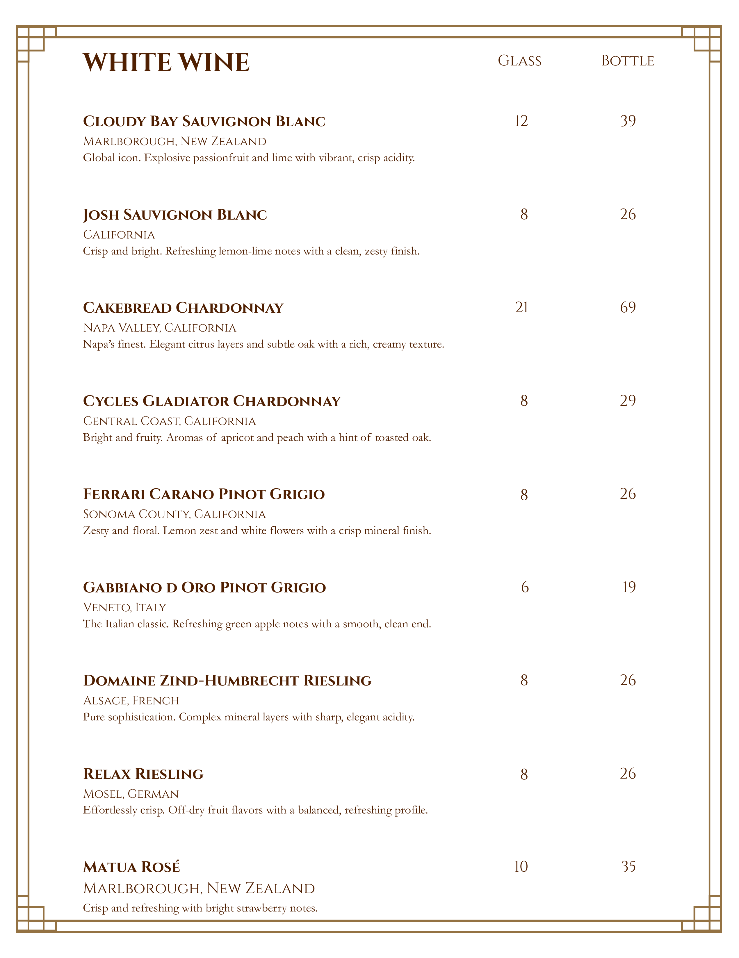 INJU white wine and rosé menu