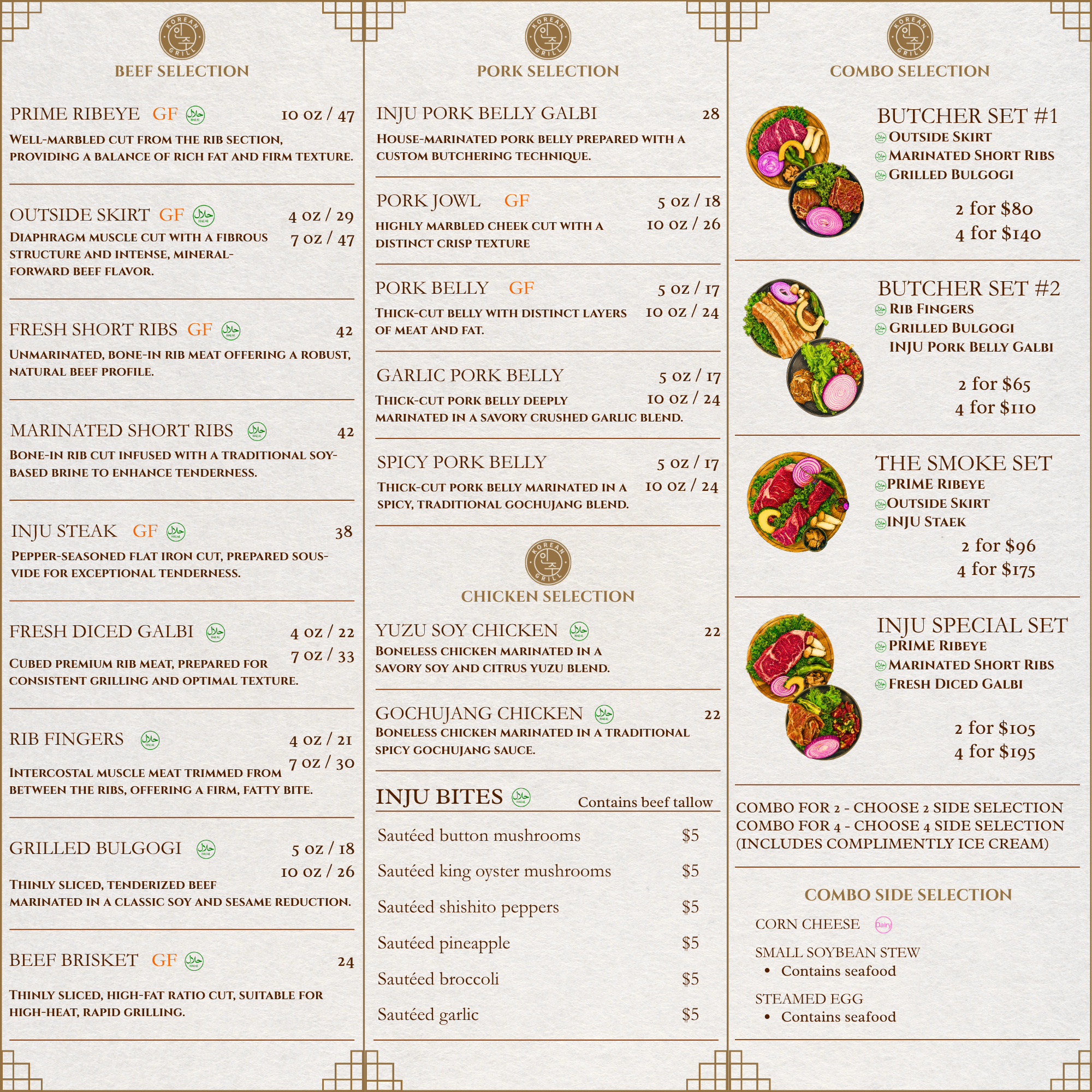 INJU updated beef, pork, chicken and combo menu